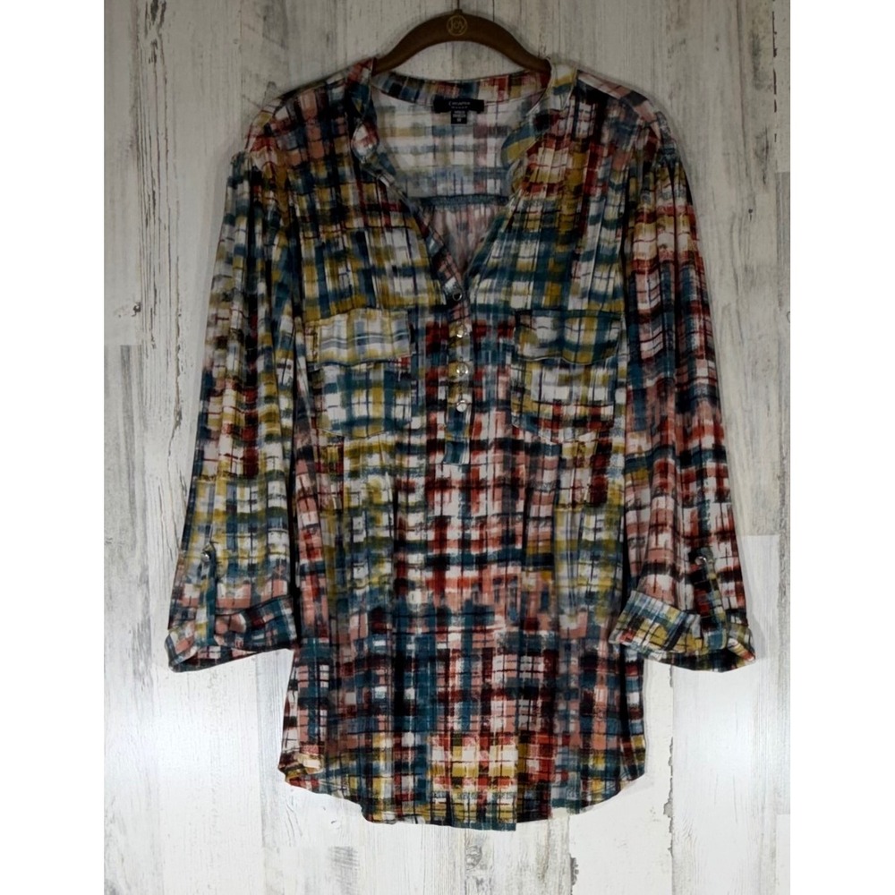 Cocomo Tunic Top 1X Multicolor 3/4 Sleeve Abstract Plaid Artsy Slinky Flowy